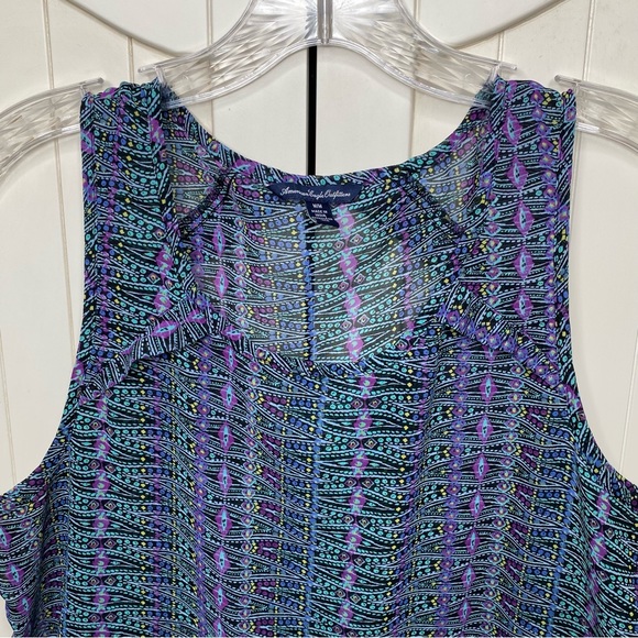 American Eagle Sleeveless Top Black Purple Teal Yellow Print Ruffle Hem Medium - Picture 3 of 7